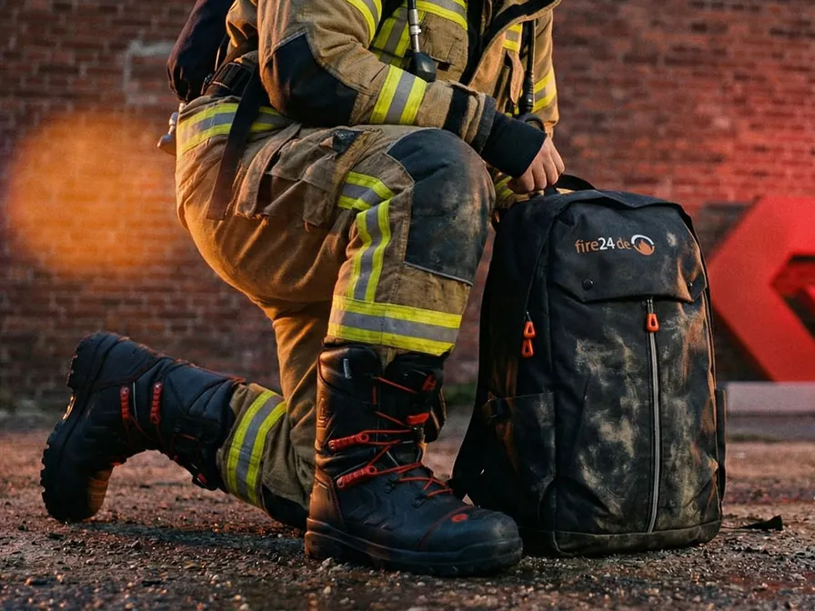 Feuerwehrmann in Rosenbauer-Stiefeln mit fire24-Rucksack