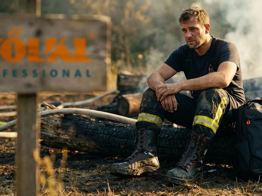 Feuerwehrmann mit Völkl-Stiefeln und fire24-Rucksack am Waldrand