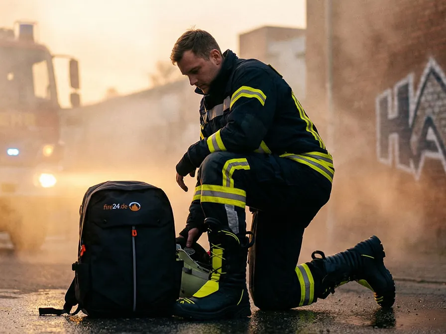 Feuerwehrmann mit HAIX-Stiefeln und fire24-Rucksack vor dem Löschfahrzeug