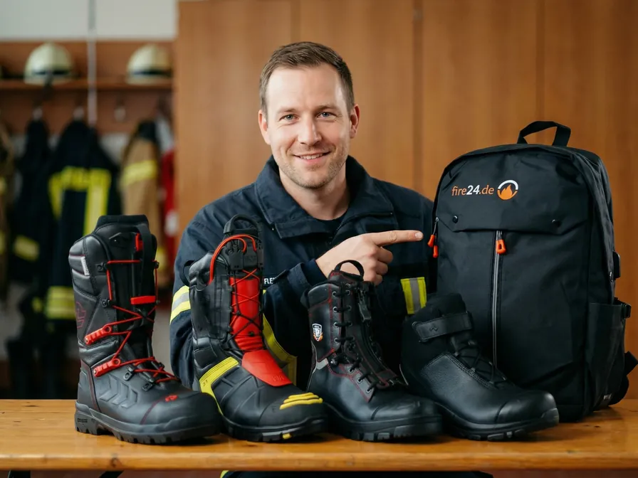 Feuerwehrmann mit Feuerwehrstiefeln und fire24.de Rucksack