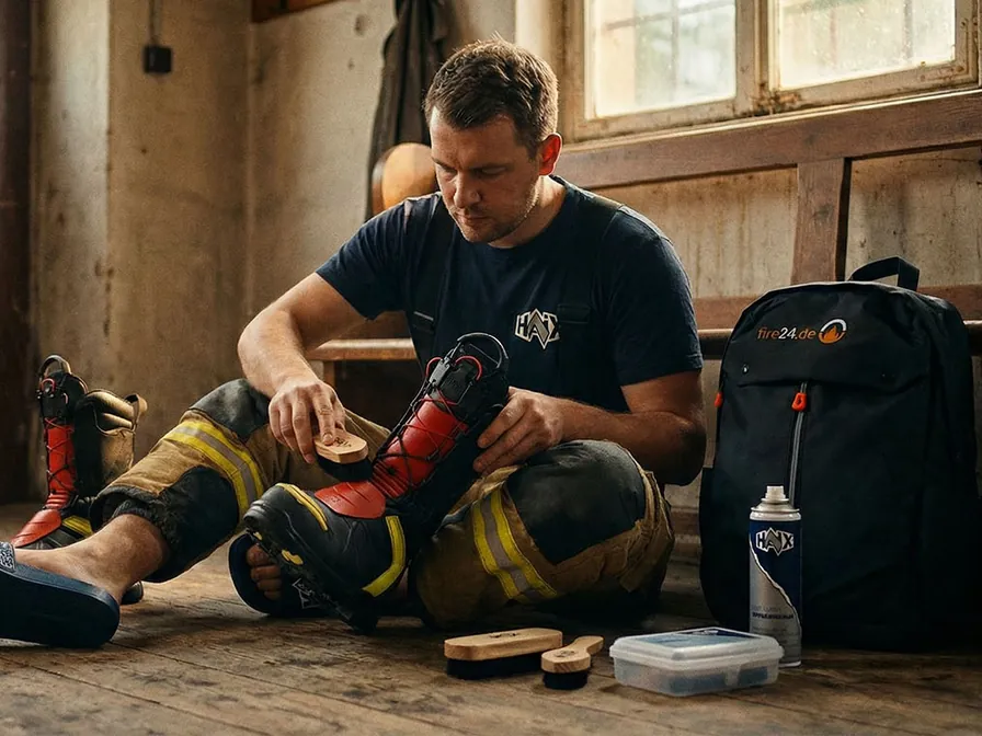 Feuerwehrmann pflegt seine Stiefel, daneben der fire24-Rucksack