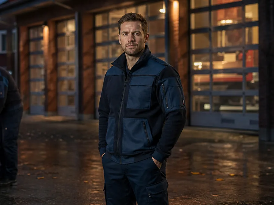 Feuerwehrmann in Dienstjacke vor dem Gerätehaus am Abend